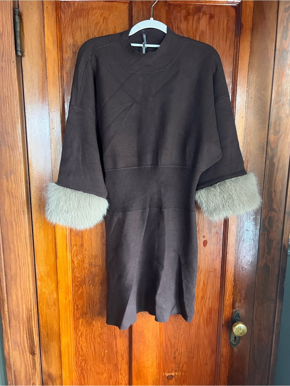 Anthropologie Women's Dark Brown Knit Dress with Faux Fur Cuffs